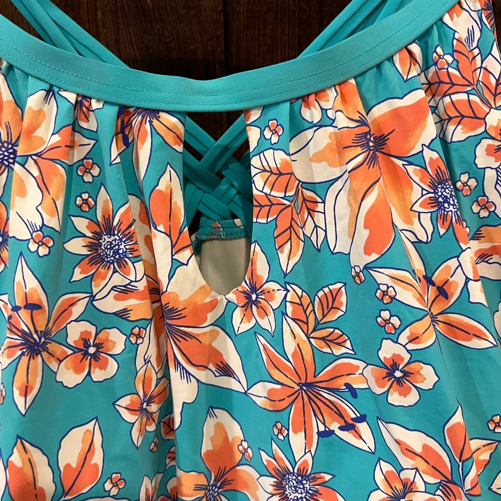 Lands’ End Tankini Swimsuit Top Blouse on Floral Turquoise Coral Strappy sz 24W - Picture 6 of 15